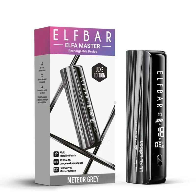 Verpackung des ELFBAR ELFA Master Luxe Edition Basisgeräts in Meteor Grey neben dem Gerät
