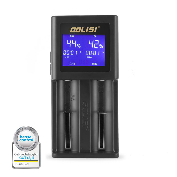 S2 Ladegerät von Golisi ♥ 2-Schacht-Ladegerät ✔ Qualität und Sicherheit ✔ Intelligente Erkennung ✔ 2A-Schnellladeschacht ✔ Inkl. USB-Anschluß ✔